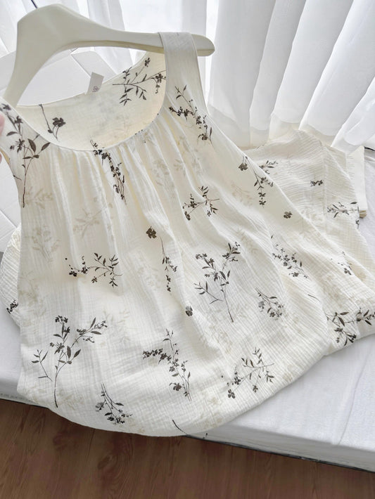 Botanical Print Muslin Cotton Sleep Dress – Breathable Nightgown in Cream