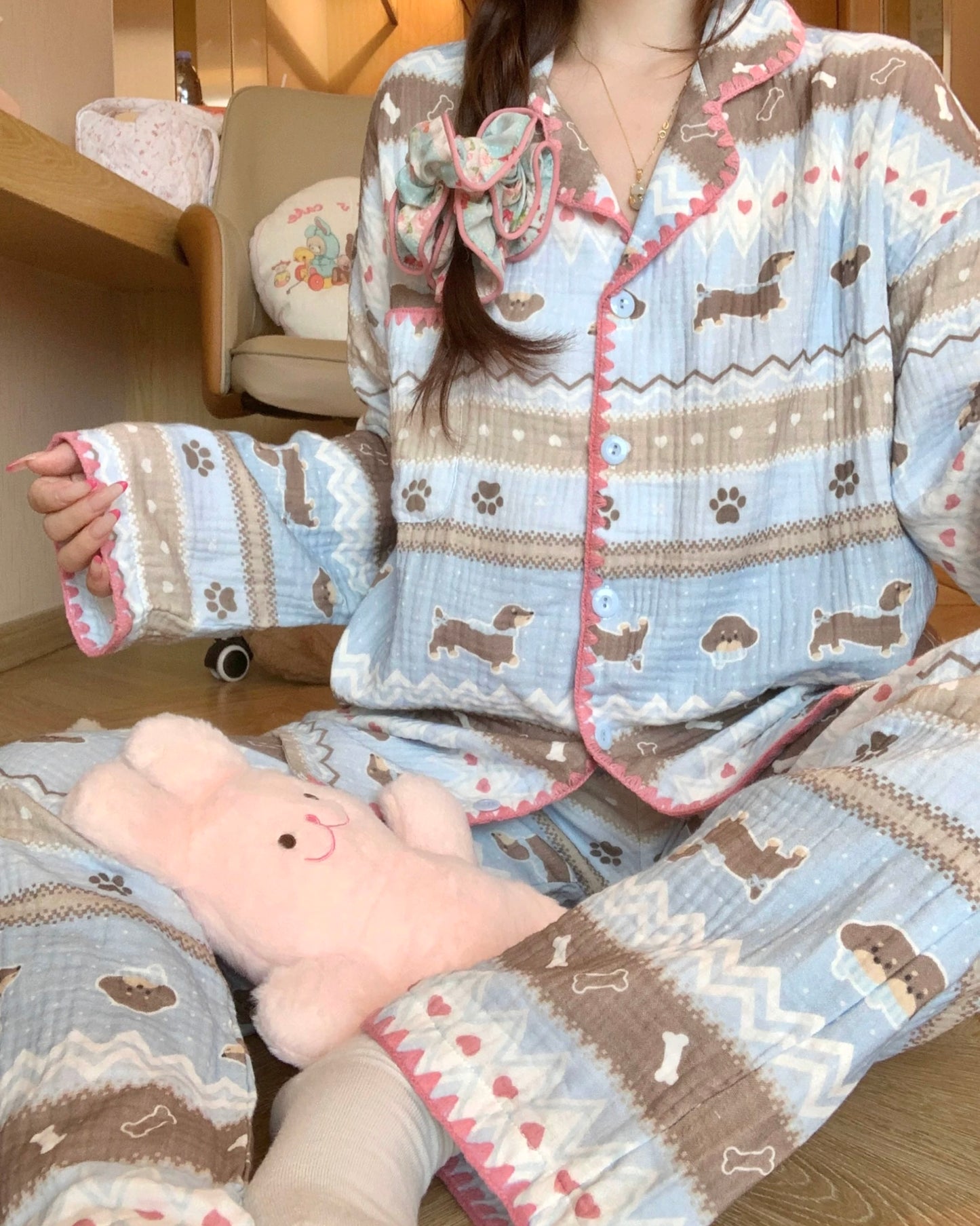 Dachshund & Paws Print Loungewear Set – Soft Washed Cotton Gauze (Long Sleeve & Pants)