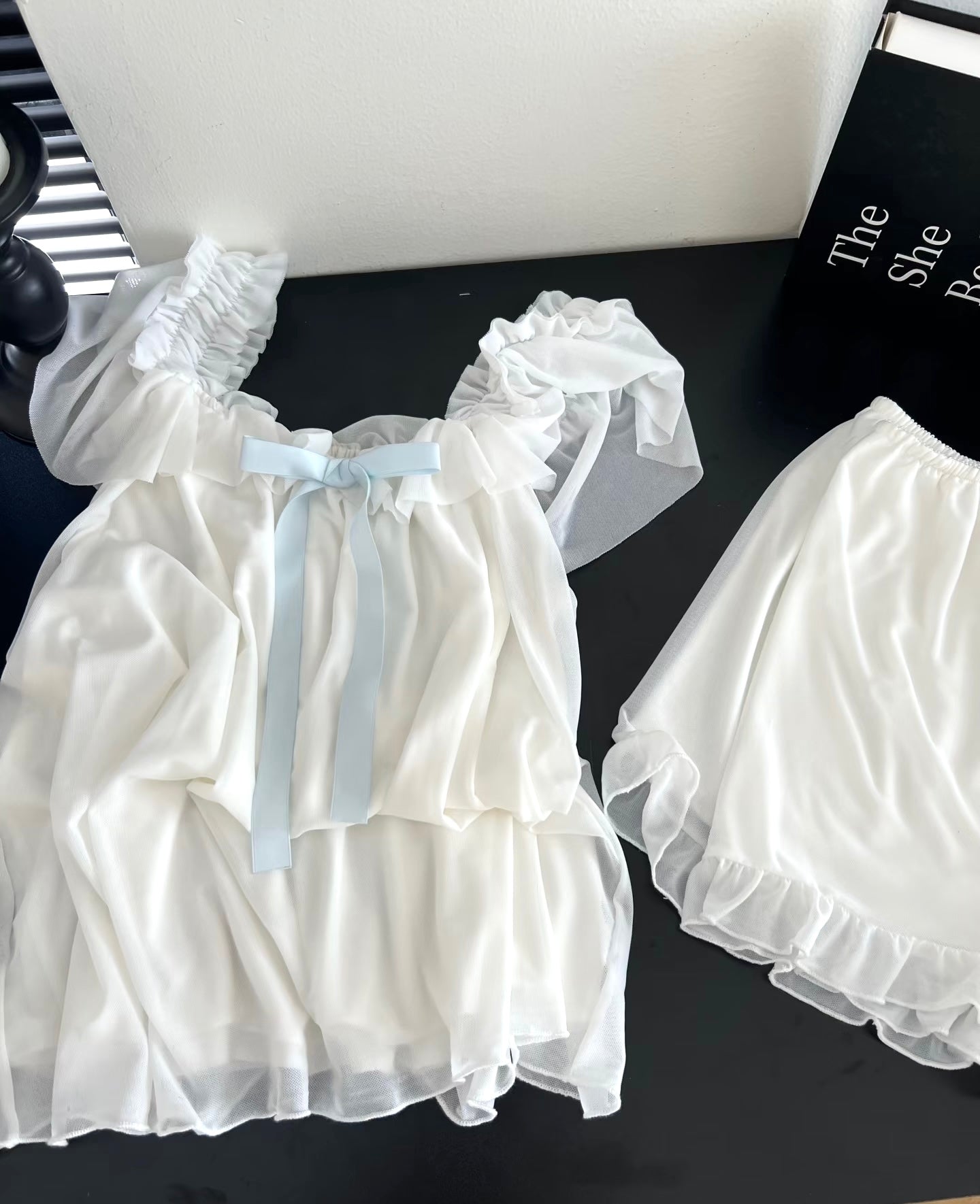 White Ruffle Chiffon Lounge Set – Romantic Princess Style Homewear