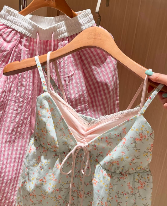 Cottagecore Floral Cami & Gingham Pants Pajama Set - Soft Cotton Blend