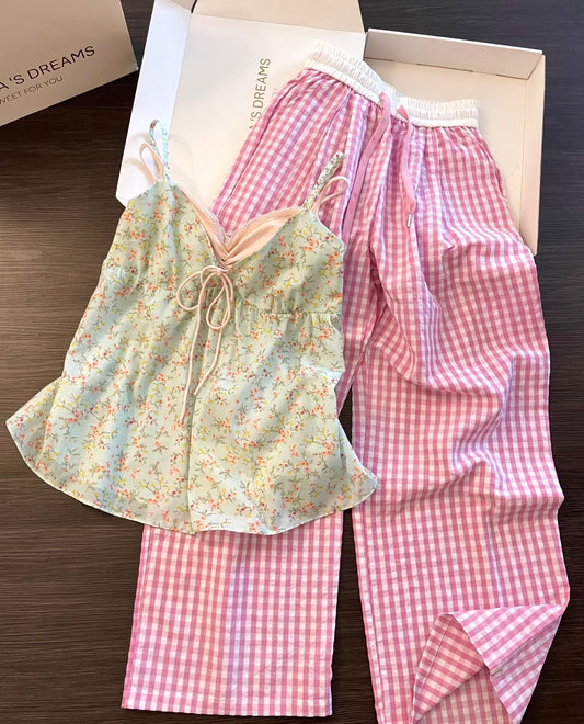 Cottagecore Floral Cami & Gingham Pants Pajama Set - Soft Cotton Blend