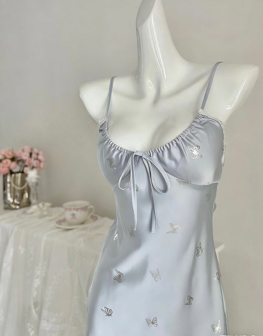 Blue Satin Butterfly Slip Dress with Built-in Pads - Soft Summer Nightdress