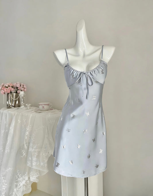 Blue Satin Butterfly Slip Dress with Built-in Pads - Soft Summer Nightdress