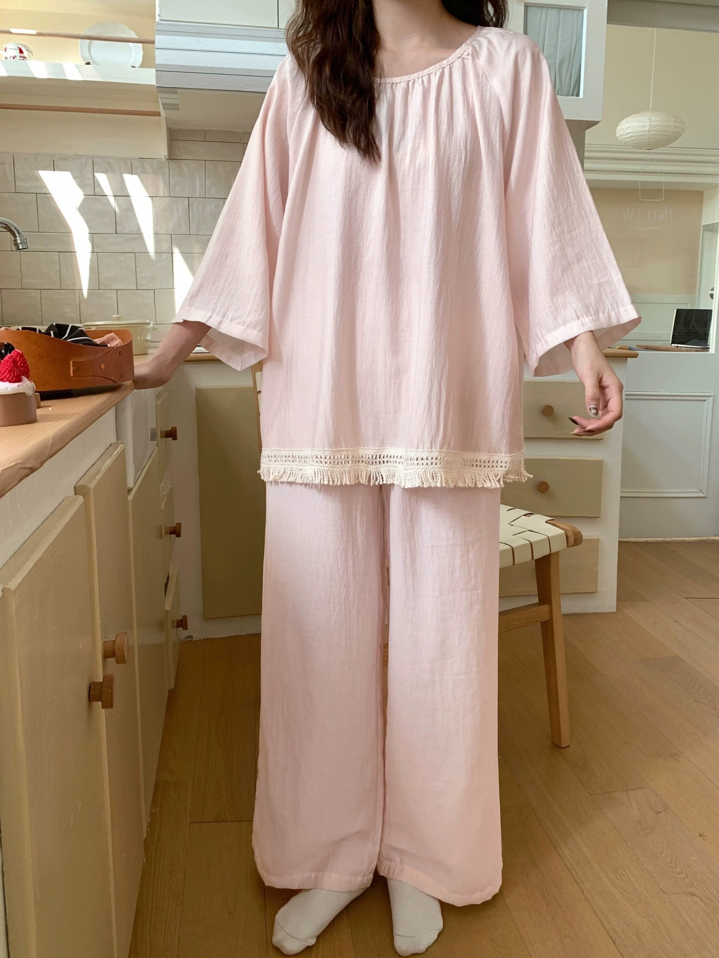 Soft Pink Cotton Tassel-Hem Pajama Set – Relaxed Lounge Wear with Wide-Leg Pants