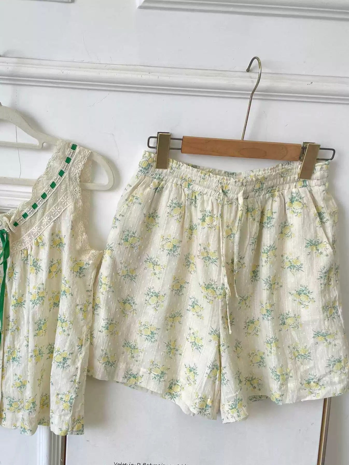 Sweet Floral Cotton Pajama Set – Lace Trim Cami Top & Shorts