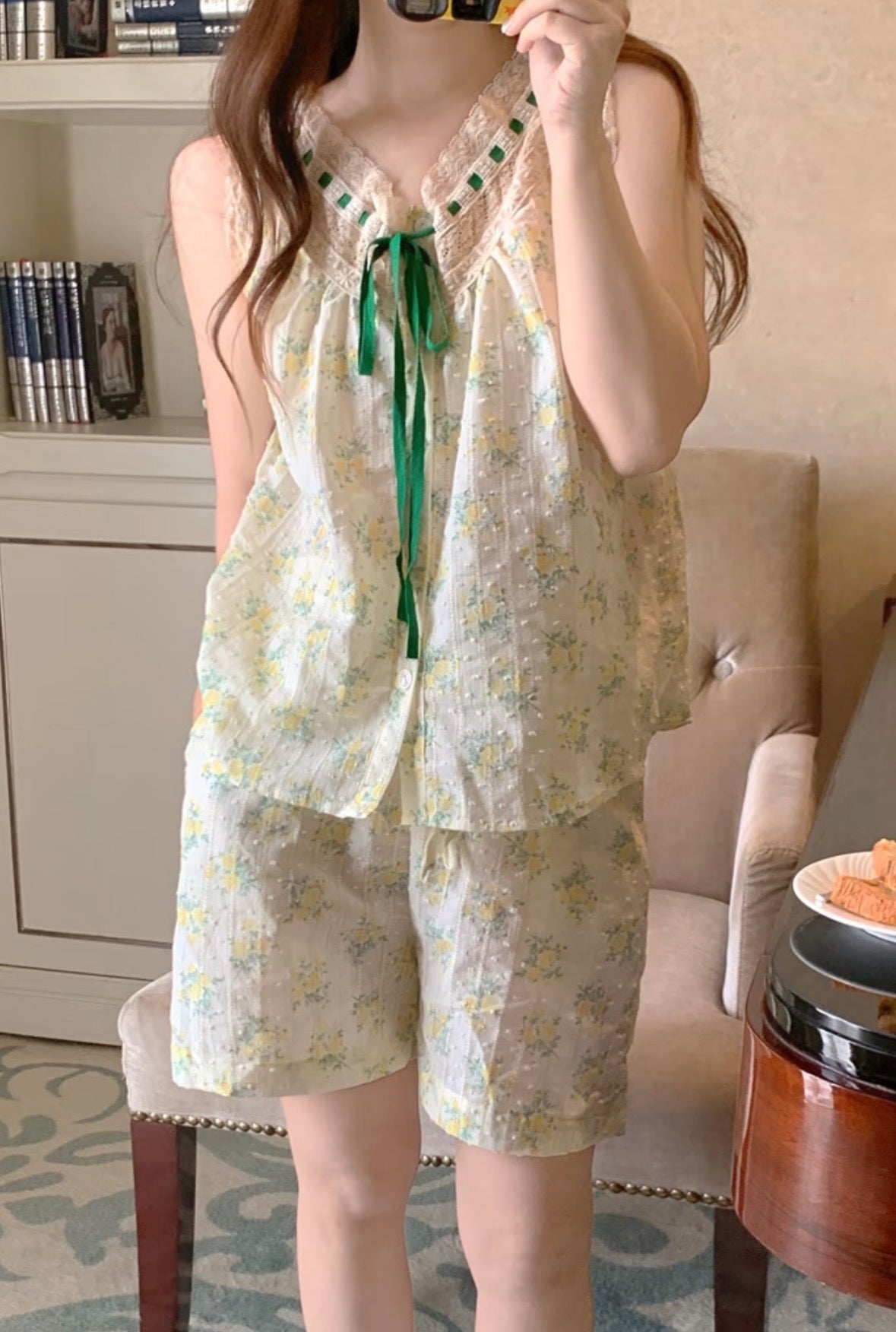 Sweet Floral Cotton Pajama Set – Lace Trim Cami Top & Shorts