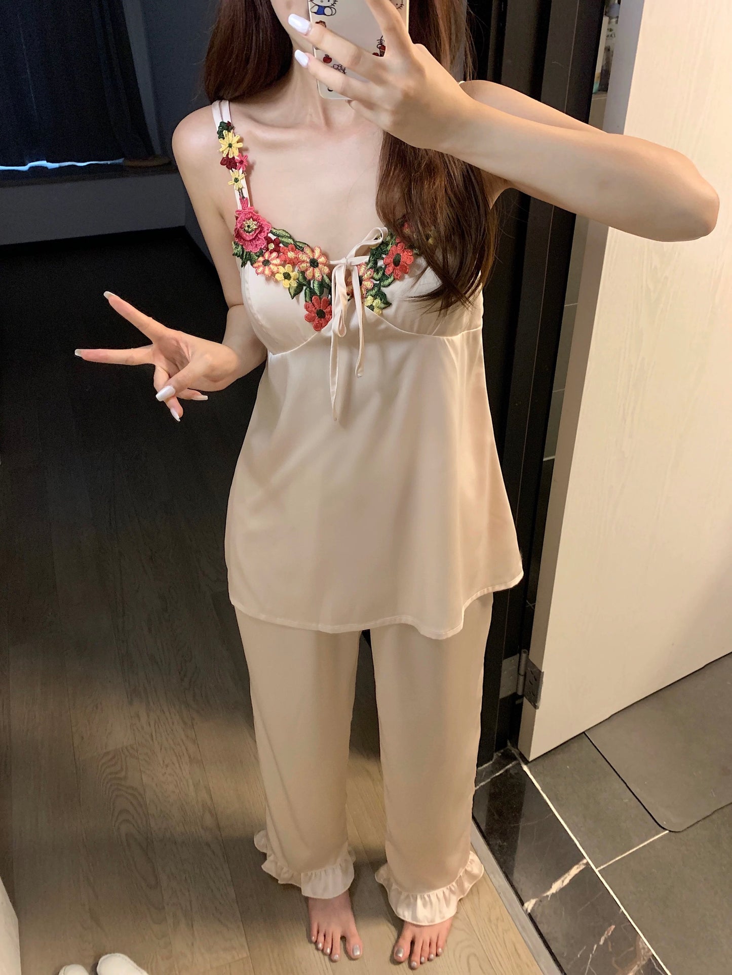 Floral Embroidered Satin Cami Pajama Set – Silky Sleepwear with Ruffle Hem