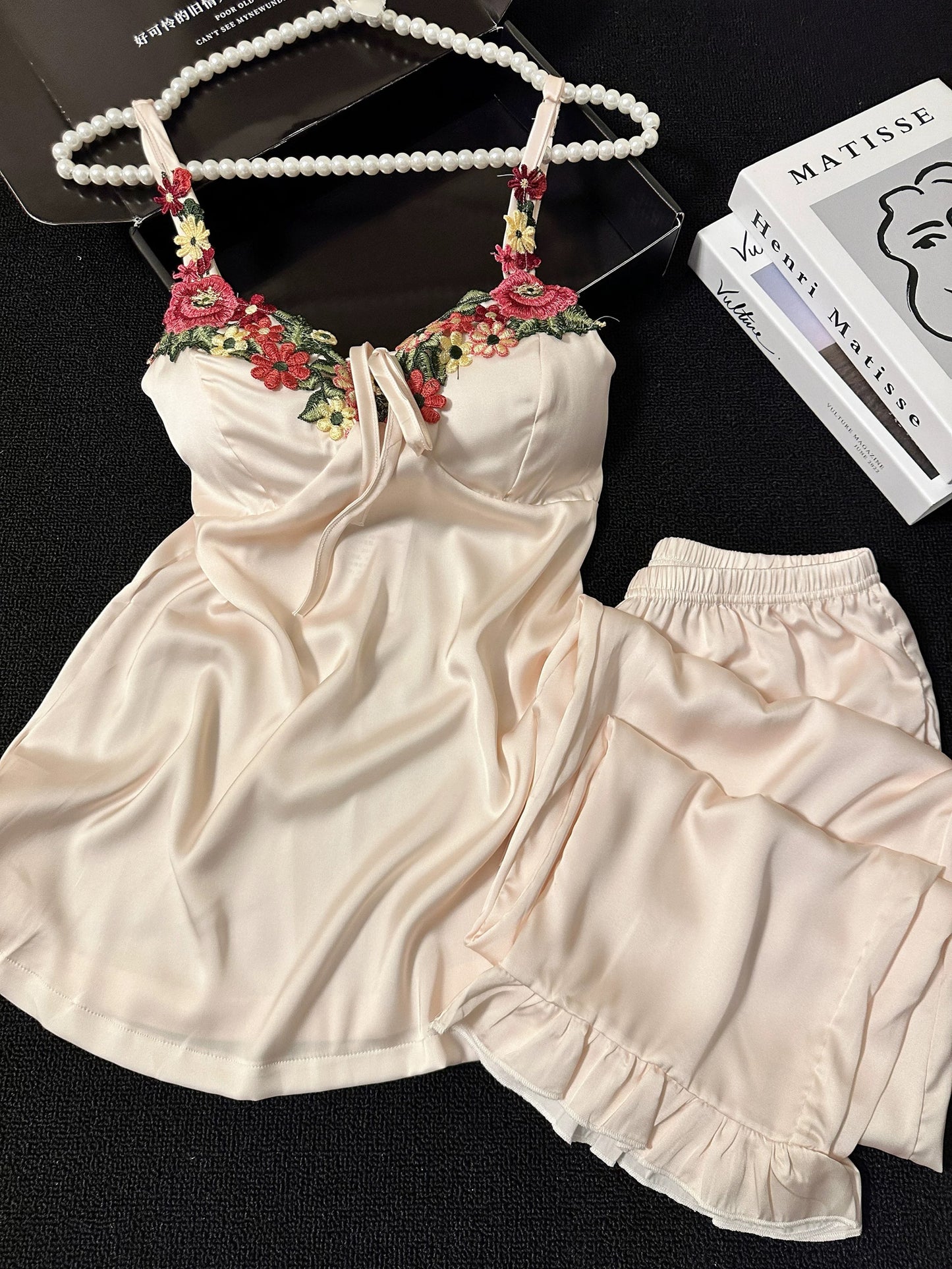 Floral Embroidered Satin Cami Pajama Set – Silky Sleepwear with Ruffle Hem