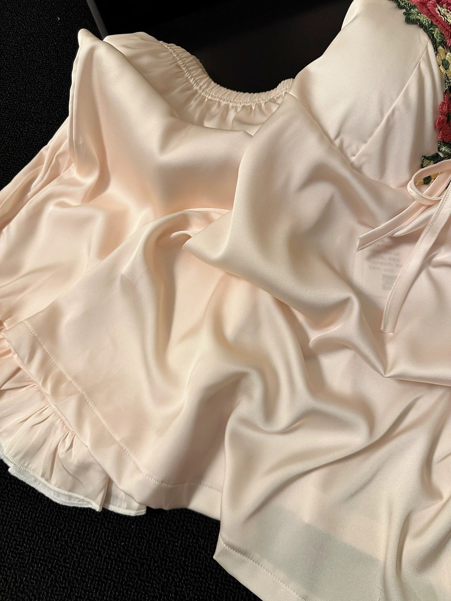 Floral Embroidered Satin Cami Pajama Set – Silky Sleepwear with Ruffle Hem