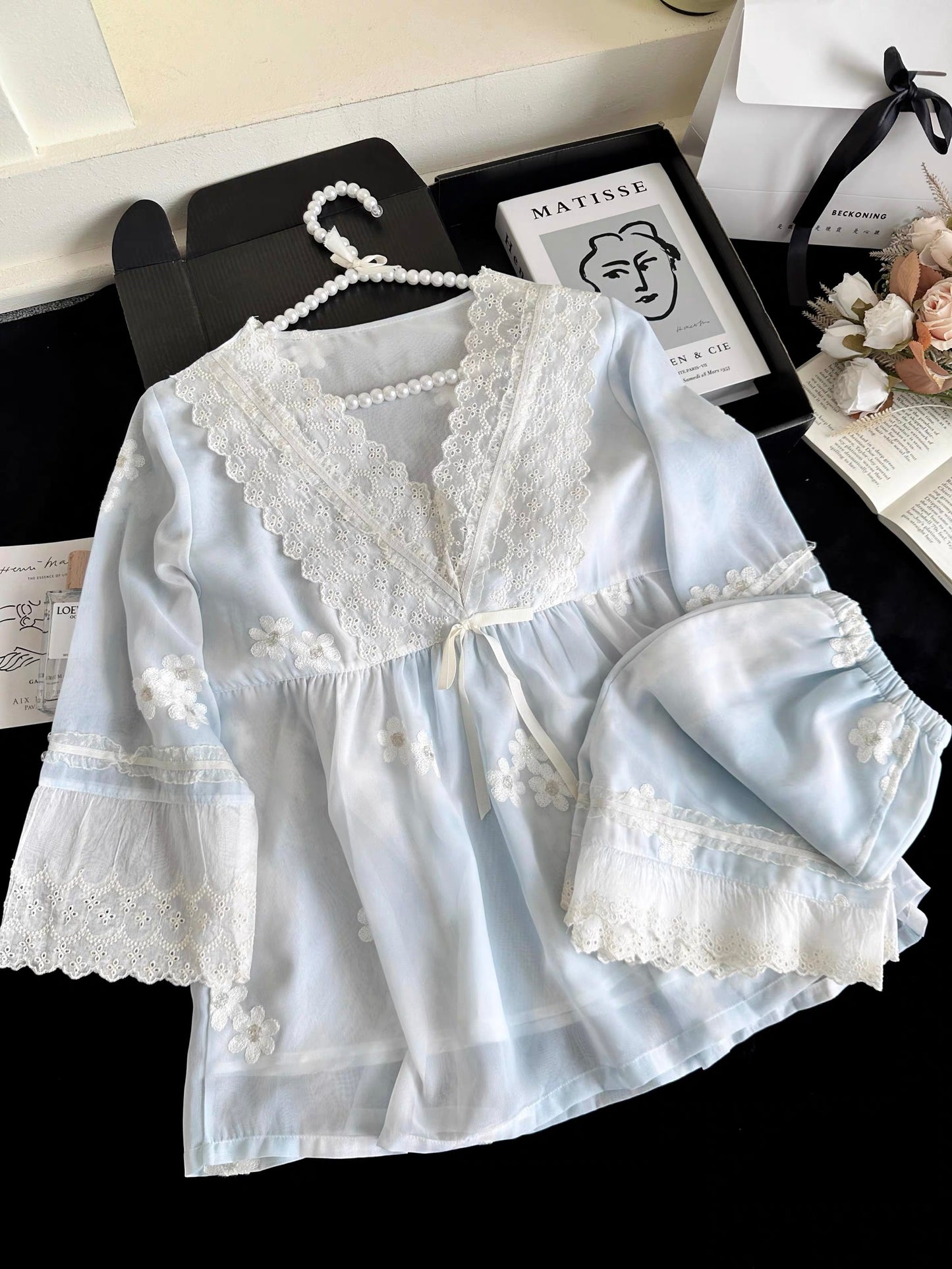 Dreamy Lace & Floral Embroidery Cotton Pajama Set – Baby Blue Ruffle Sleepwear