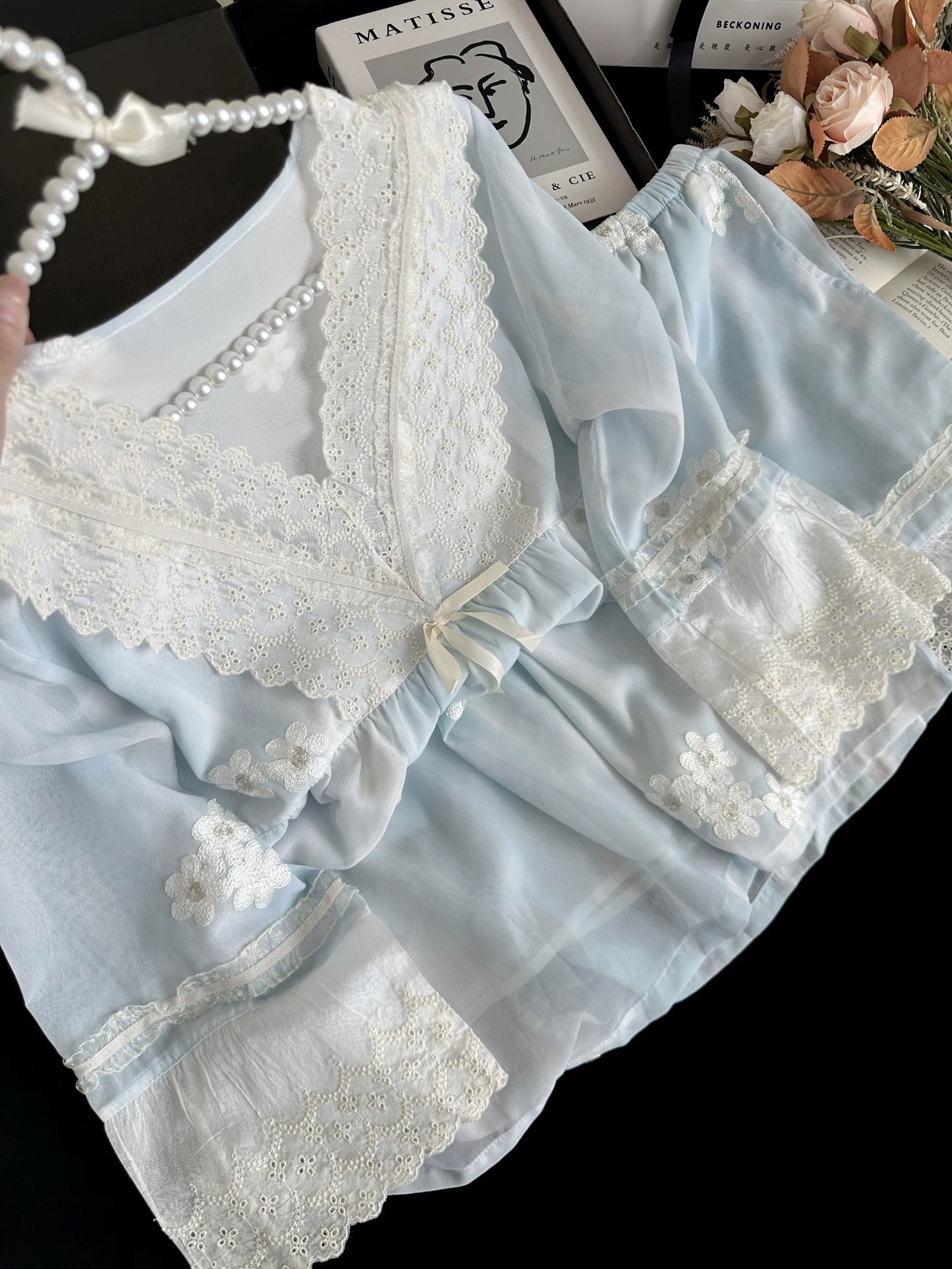 Dreamy Lace & Floral Embroidery Cotton Pajama Set – Baby Blue Ruffle Sleepwear