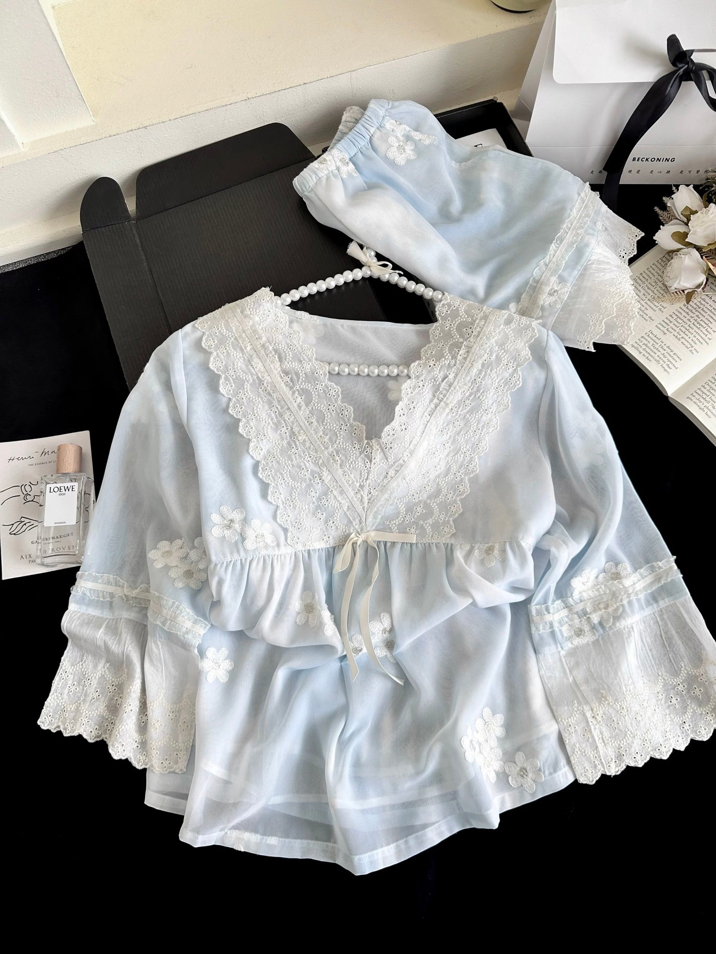 Dreamy Lace & Floral Embroidery Cotton Pajama Set – Baby Blue Ruffle Sleepwear