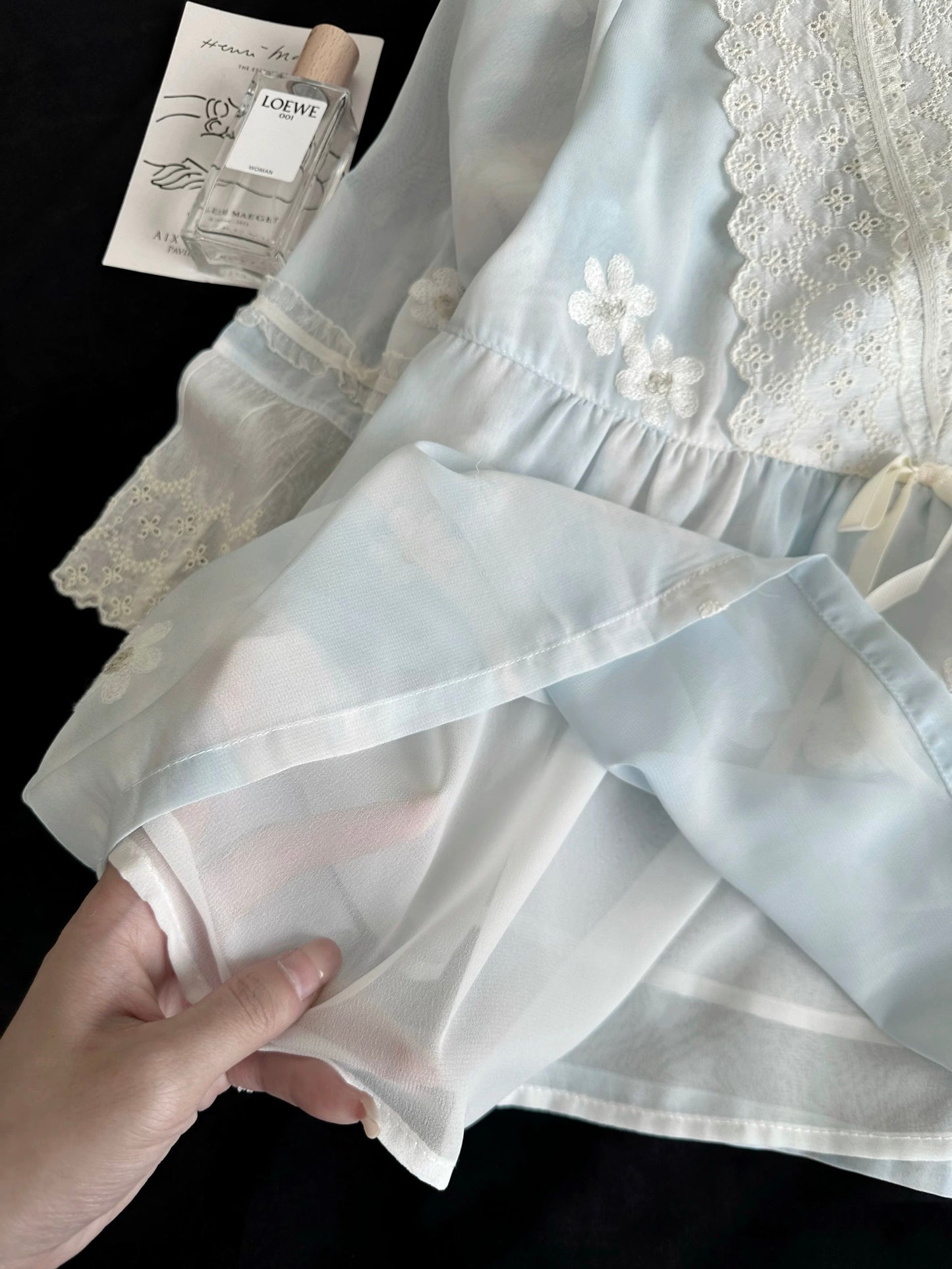 Dreamy Lace & Floral Embroidery Cotton Pajama Set – Baby Blue Ruffle Sleepwear