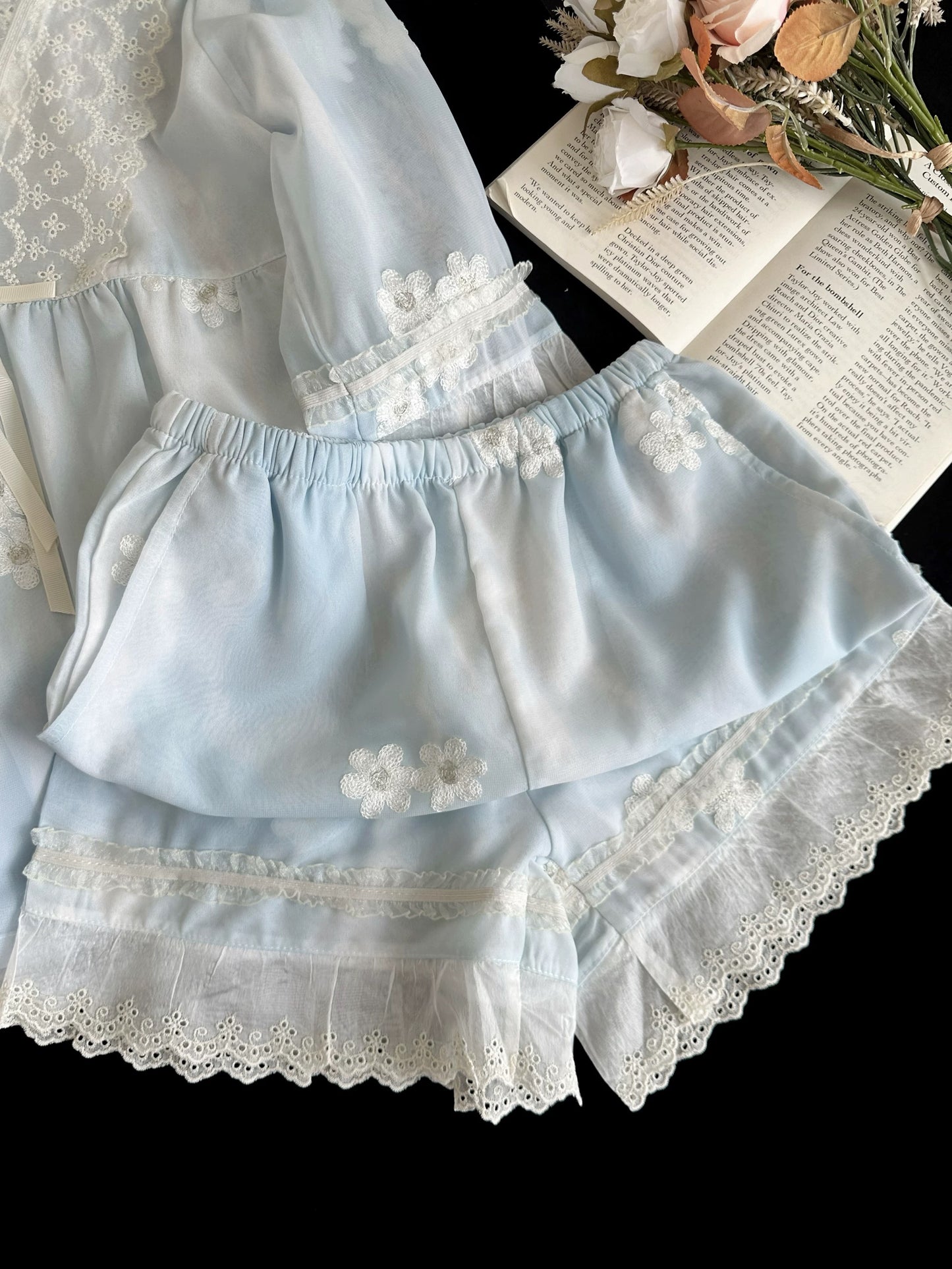 Dreamy Lace & Floral Embroidery Cotton Pajama Set – Baby Blue Ruffle Sleepwear