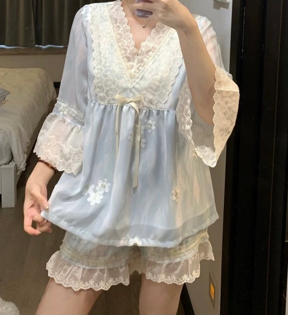 Dreamy Lace & Floral Embroidery Cotton Pajama Set – Baby Blue Ruffle Sleepwear