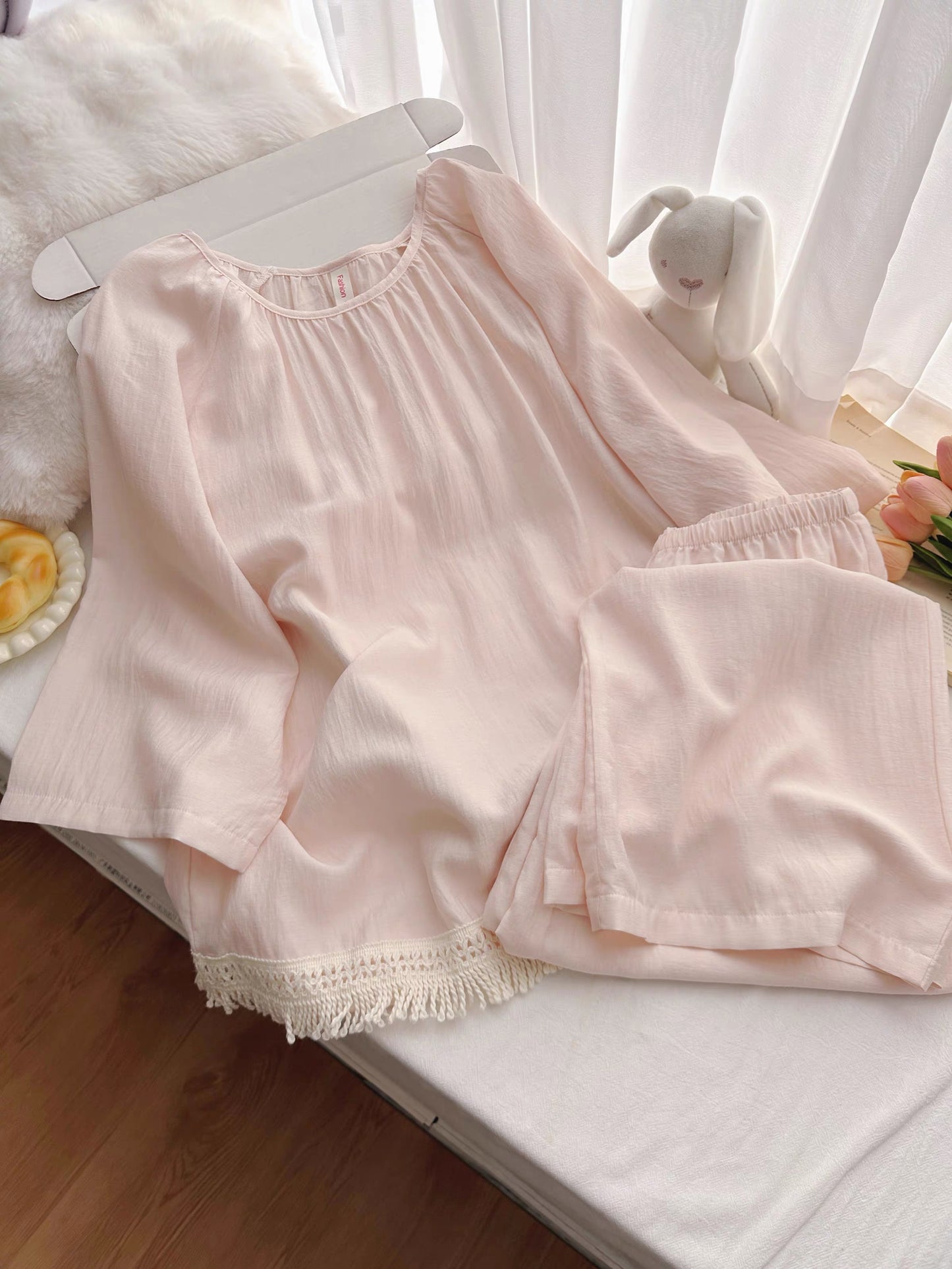 Soft Pink Cotton Tassel-Hem Pajama Set – Relaxed Lounge Wear with Wide-Leg Pants