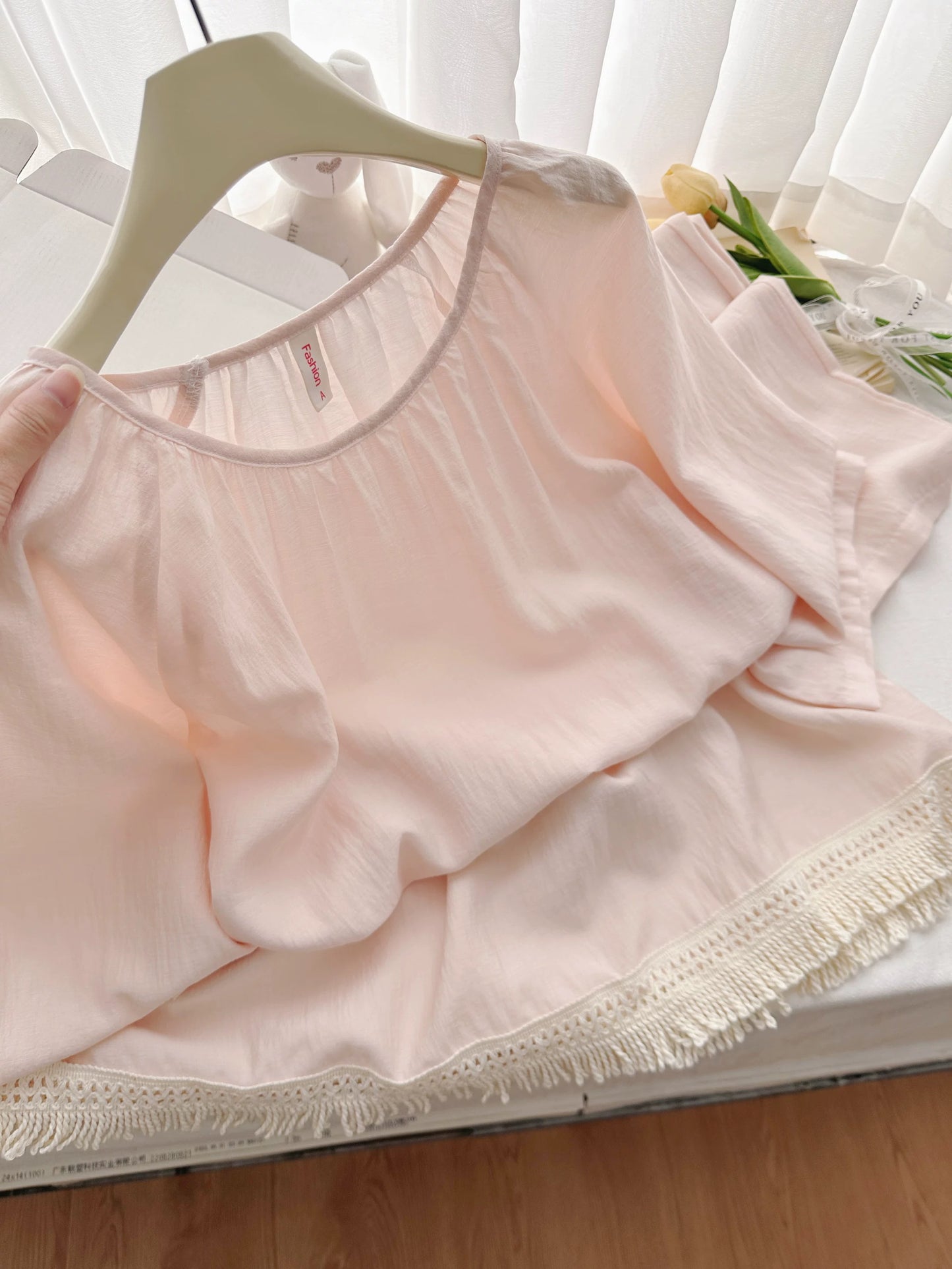 Soft Pink Cotton Tassel-Hem Pajama Set – Relaxed Lounge Wear with Wide-Leg Pants
