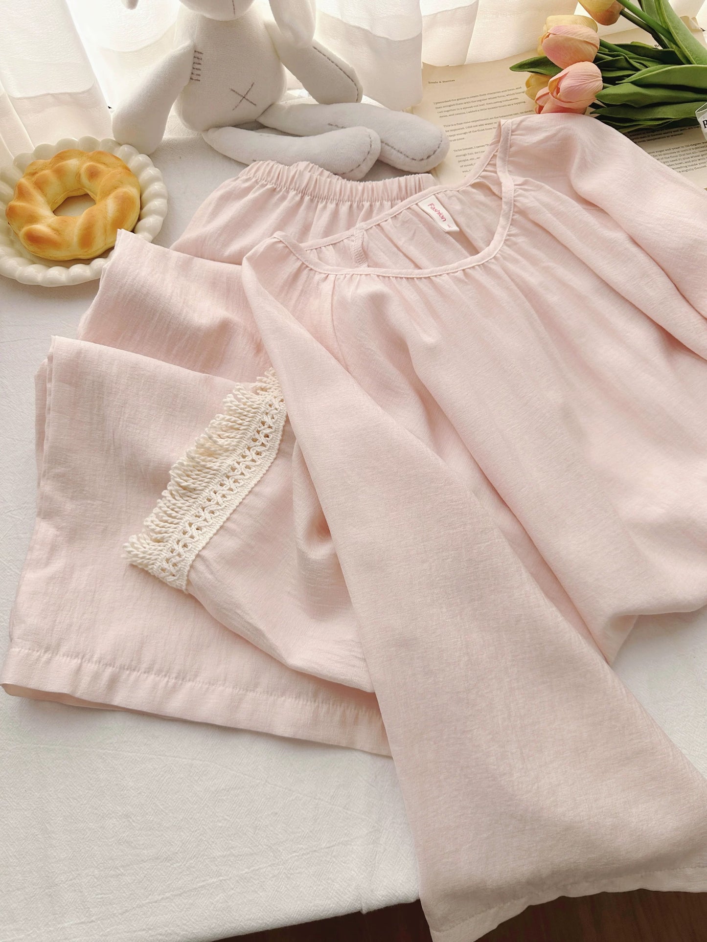 Soft Pink Cotton Tassel-Hem Pajama Set – Relaxed Lounge Wear with Wide-Leg Pants