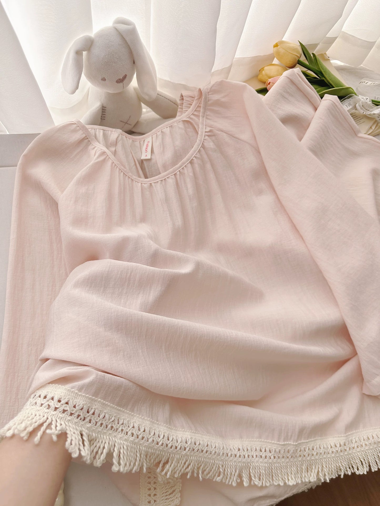 Soft Pink Cotton Tassel-Hem Pajama Set – Relaxed Lounge Wear with Wide-Leg Pants