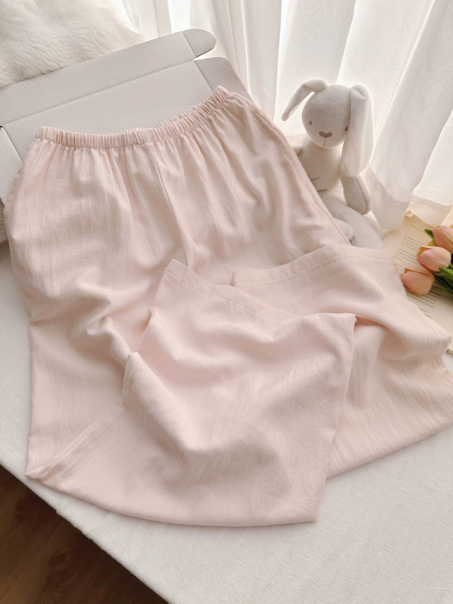 Soft Pink Cotton Tassel-Hem Pajama Set – Relaxed Lounge Wear with Wide-Leg Pants