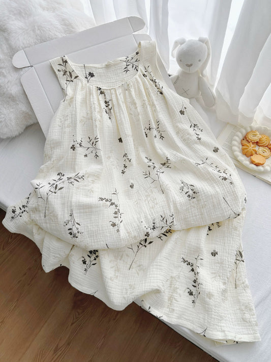 Botanical Print Muslin Cotton Sleep Dress – Breathable Nightgown in Cream
