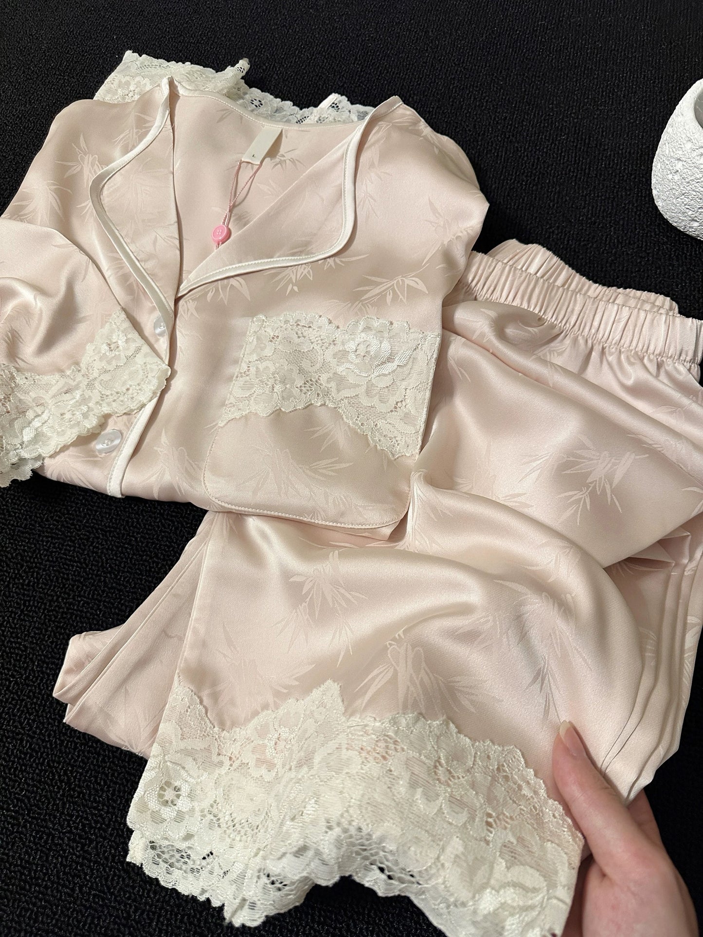Bamboo Jacquard Satin Pajama Set – Lace Trim Button-Down Top & Pants in Blush Pink