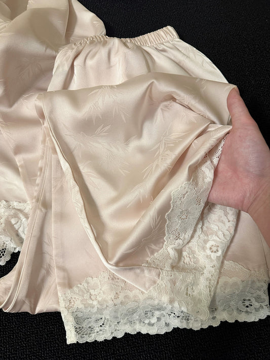 Bamboo Jacquard Satin Pajama Set – Lace Trim Button-Down Top & Pants in Blush Pink