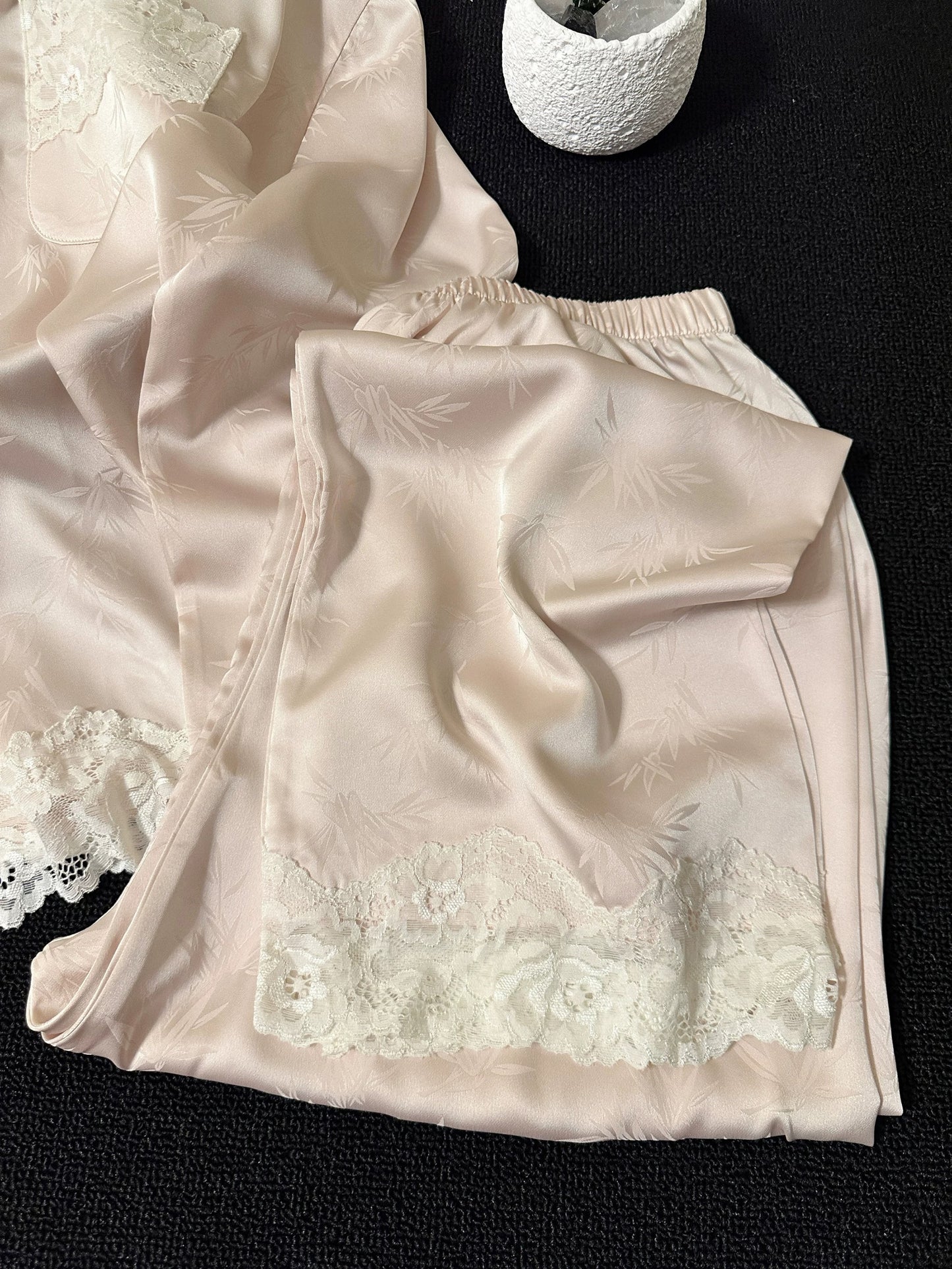 Bamboo Jacquard Satin Pajama Set – Lace Trim Button-Down Top & Pants in Blush Pink