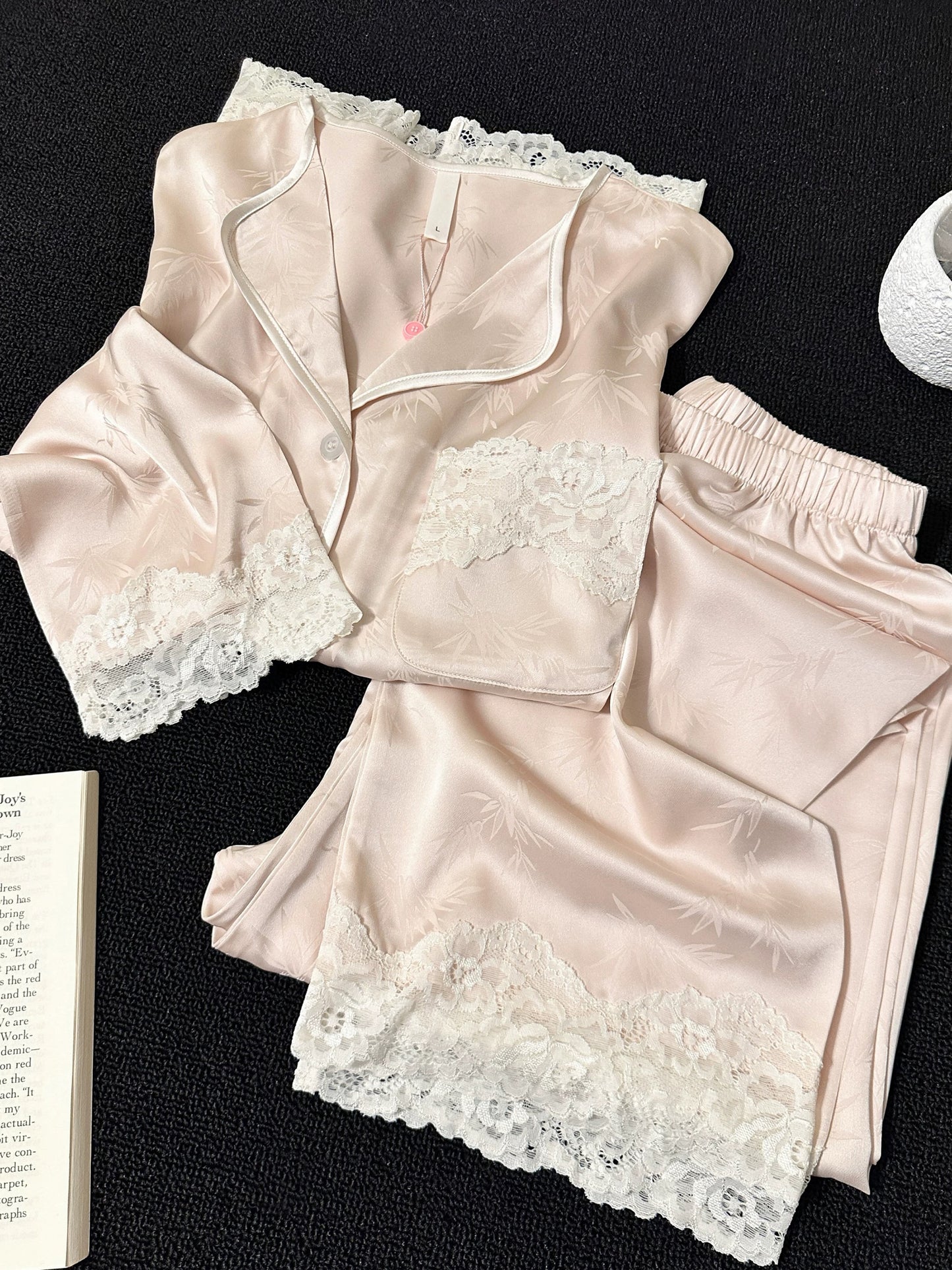 Bamboo Jacquard Satin Pajama Set – Lace Trim Button-Down Top & Pants in Blush Pink