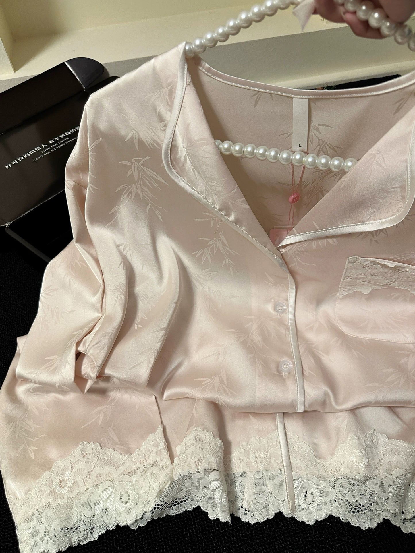 Bamboo Jacquard Satin Pajama Set – Lace Trim Button-Down Top & Pants in Blush Pink