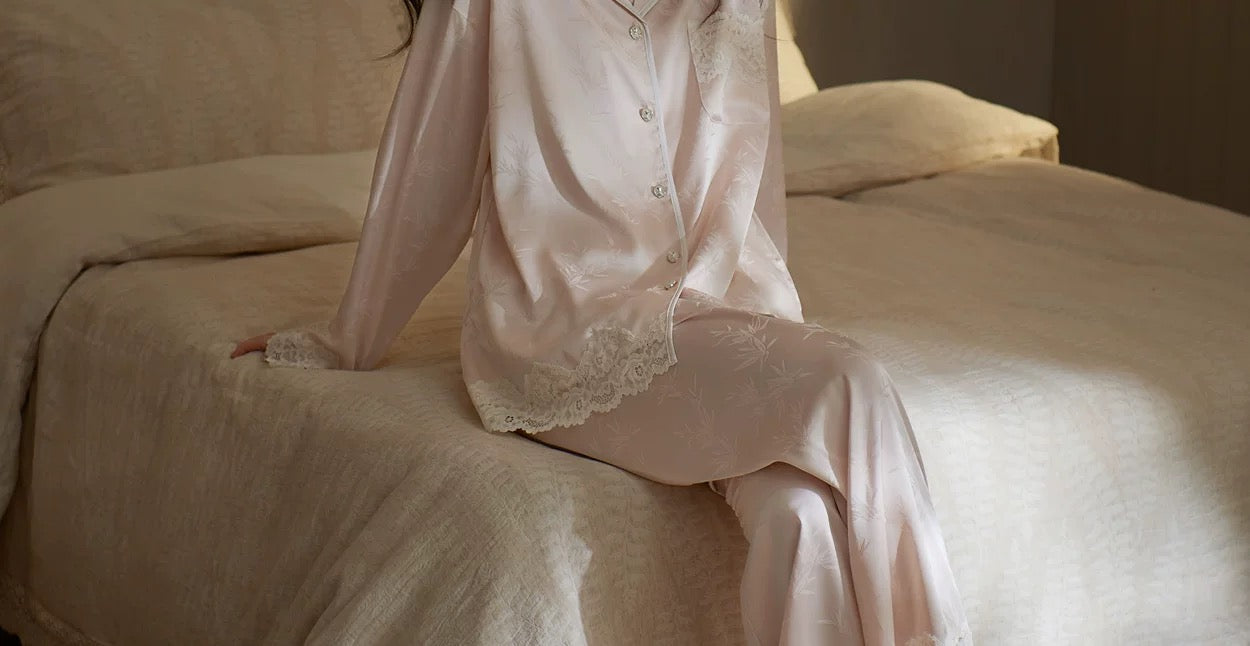 Bamboo Jacquard Satin Pajama Set – Lace Trim Button-Down Top & Pants in Blush Pink