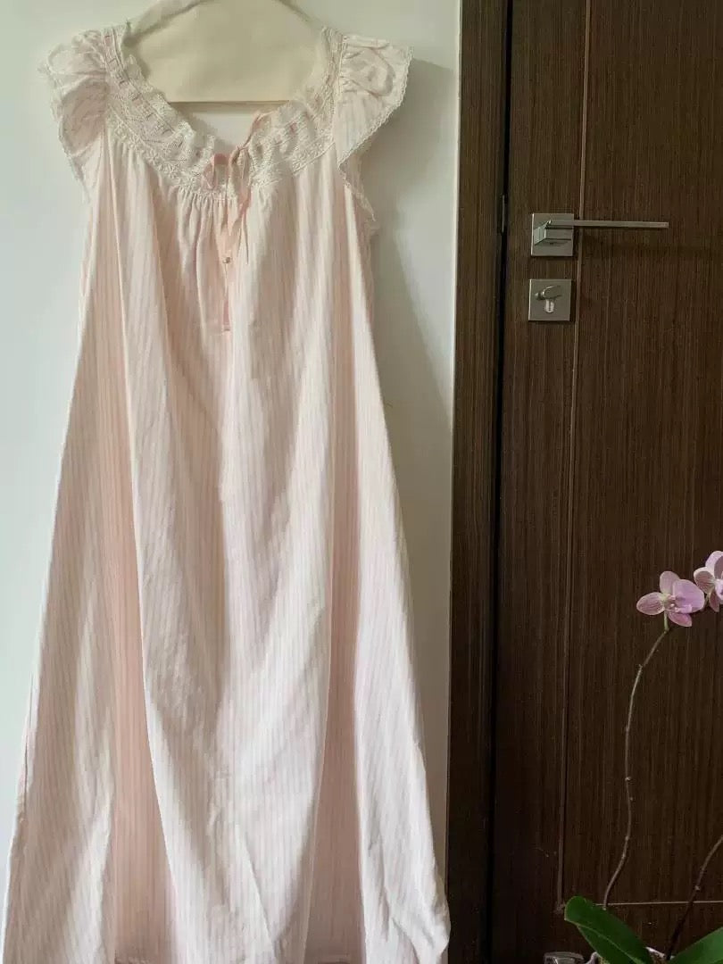 Pink Stripe Cotton Lace Collar Nightgown – Ruffle Sleeve Sleep Dress with Ribbon Tie