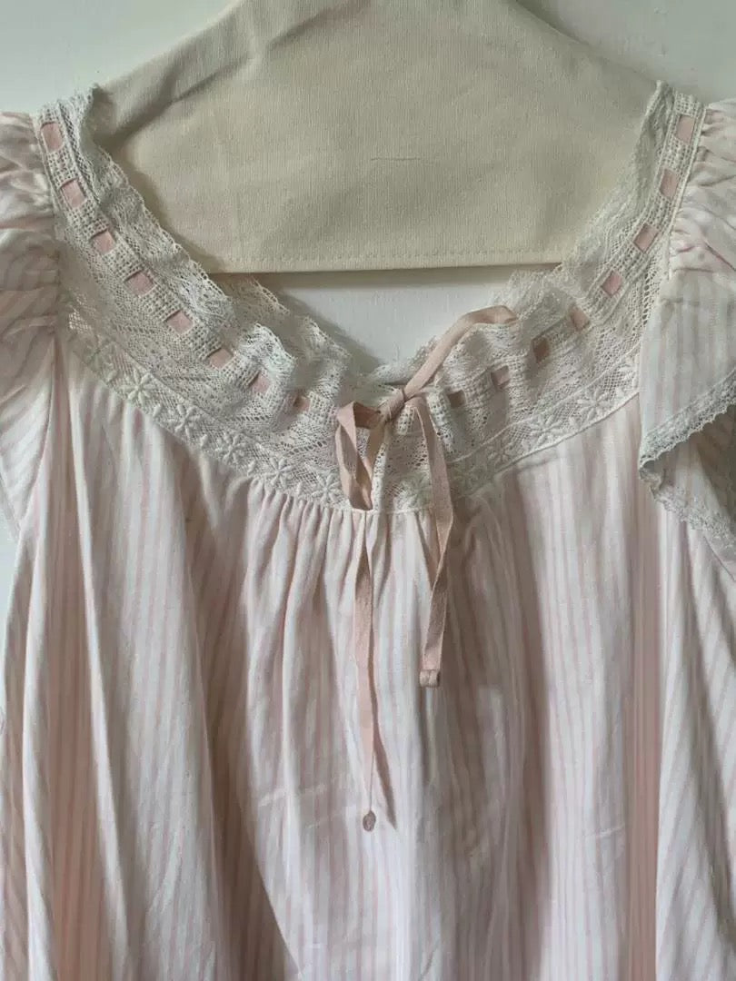 Pink Stripe Cotton Lace Collar Nightgown – Ruffle Sleeve Sleep Dress with Ribbon Tie
