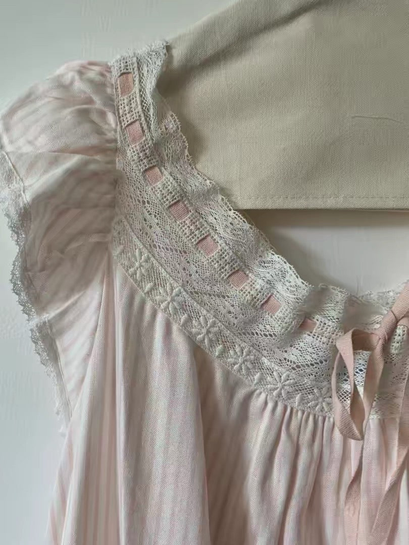 Pink Stripe Cotton Lace Collar Nightgown – Ruffle Sleeve Sleep Dress with Ribbon Tie
