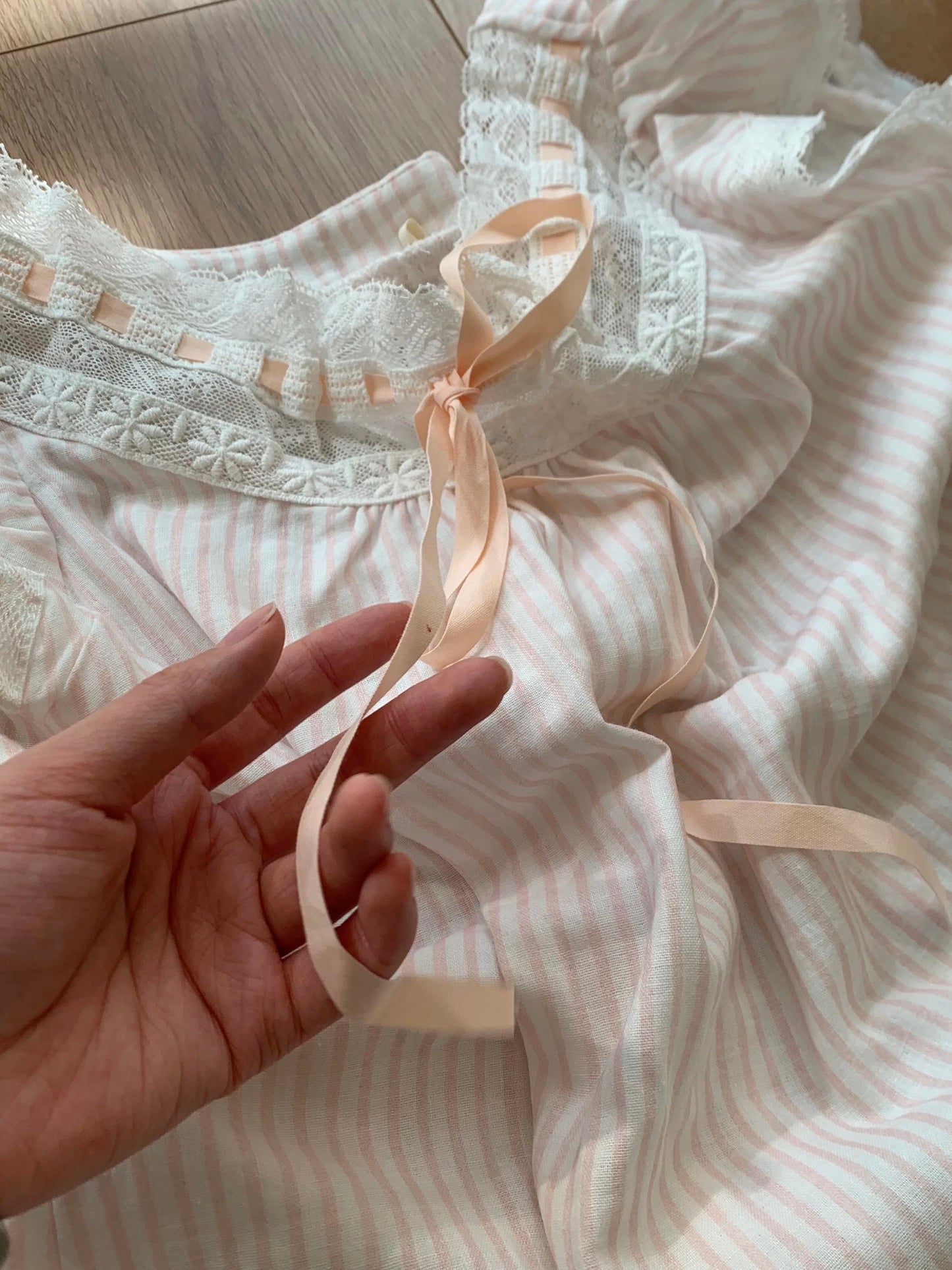 Pink Stripe Cotton Lace Collar Nightgown – Ruffle Sleeve Sleep Dress with Ribbon Tie
