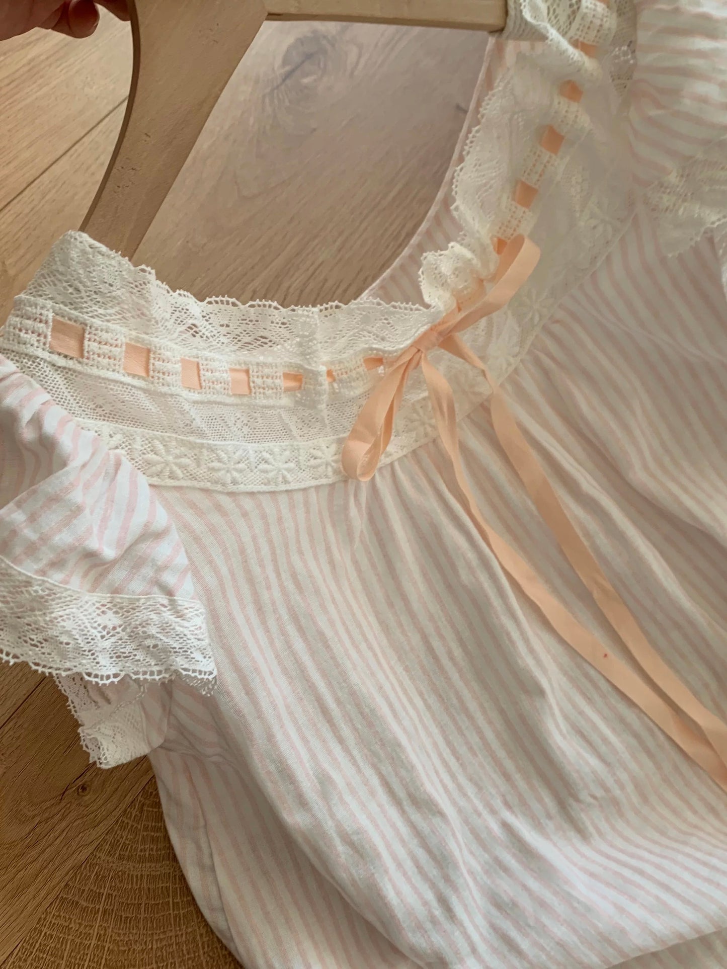 Pink Stripe Cotton Lace Collar Nightgown – Ruffle Sleeve Sleep Dress with Ribbon Tie