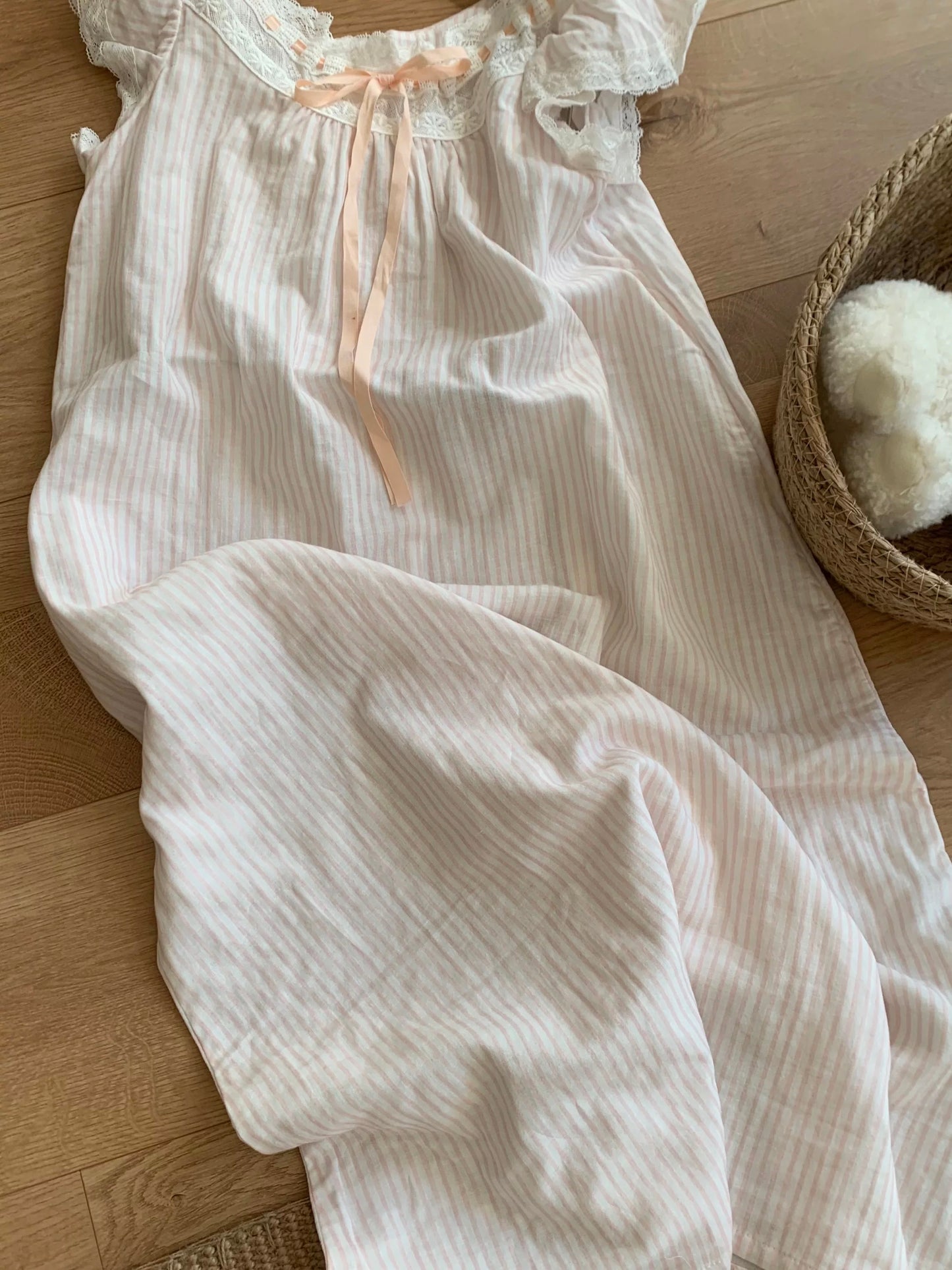 Pink Stripe Cotton Lace Collar Nightgown – Ruffle Sleeve Sleep Dress with Ribbon Tie