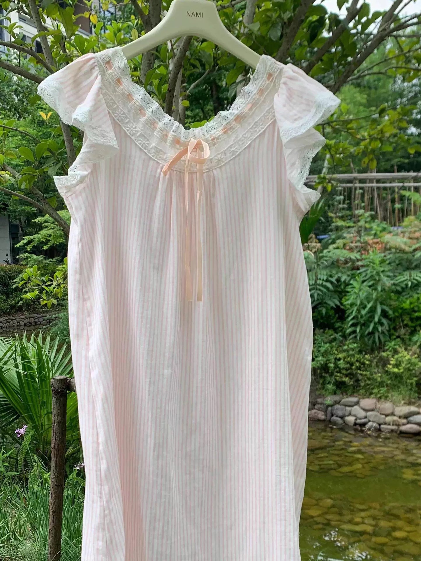 Pink Stripe Cotton Lace Collar Nightgown – Ruffle Sleeve Sleep Dress with Ribbon Tie
