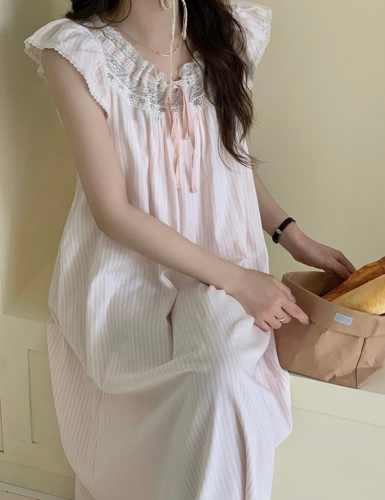 Pink Stripe Cotton Lace Collar Nightgown – Ruffle Sleeve Sleep Dress with Ribbon Tie