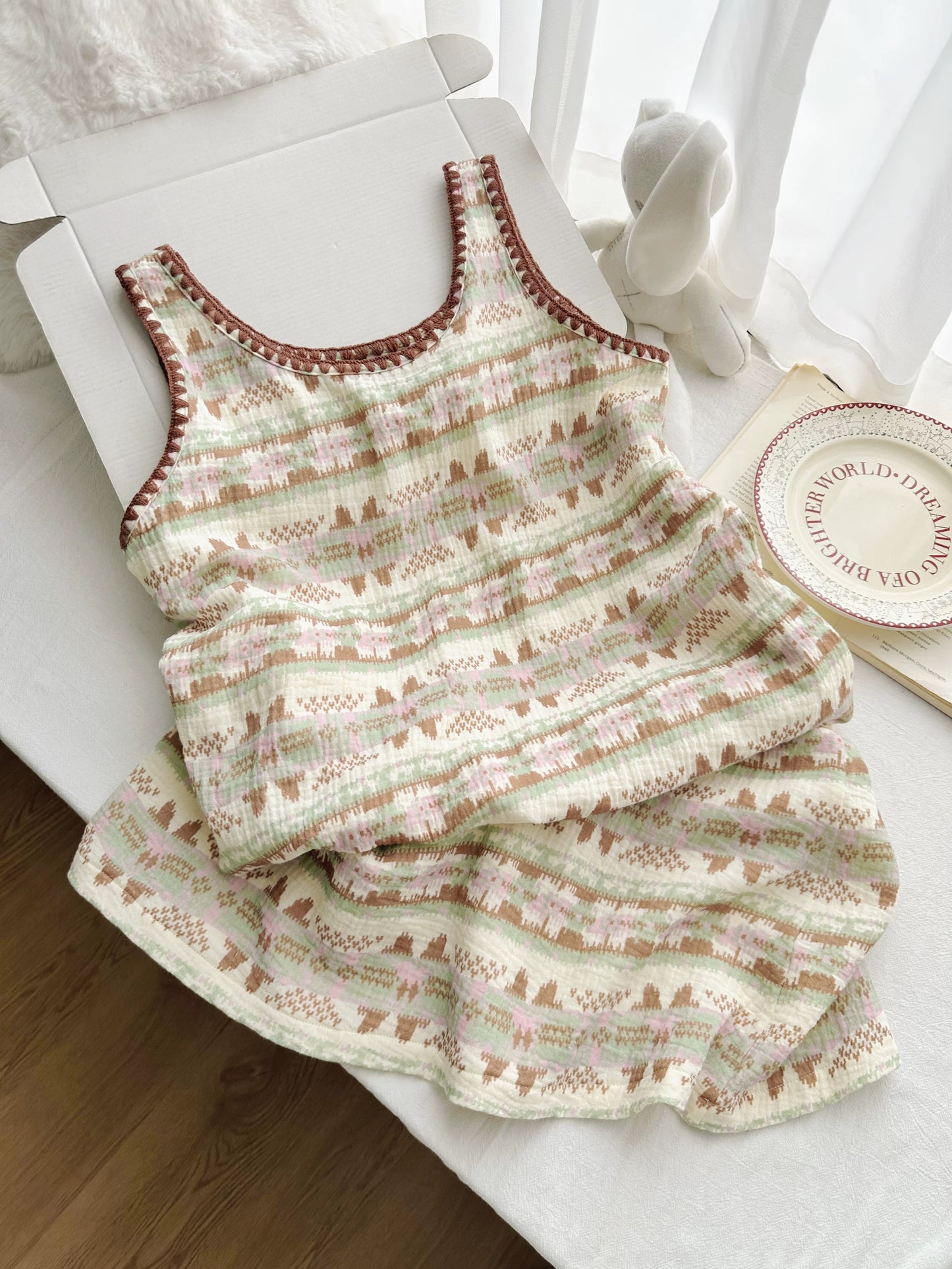 Fair Isle Print Cotton Sleeveless Nightgown & Shorts Set – Boho Lounge Sleepwear