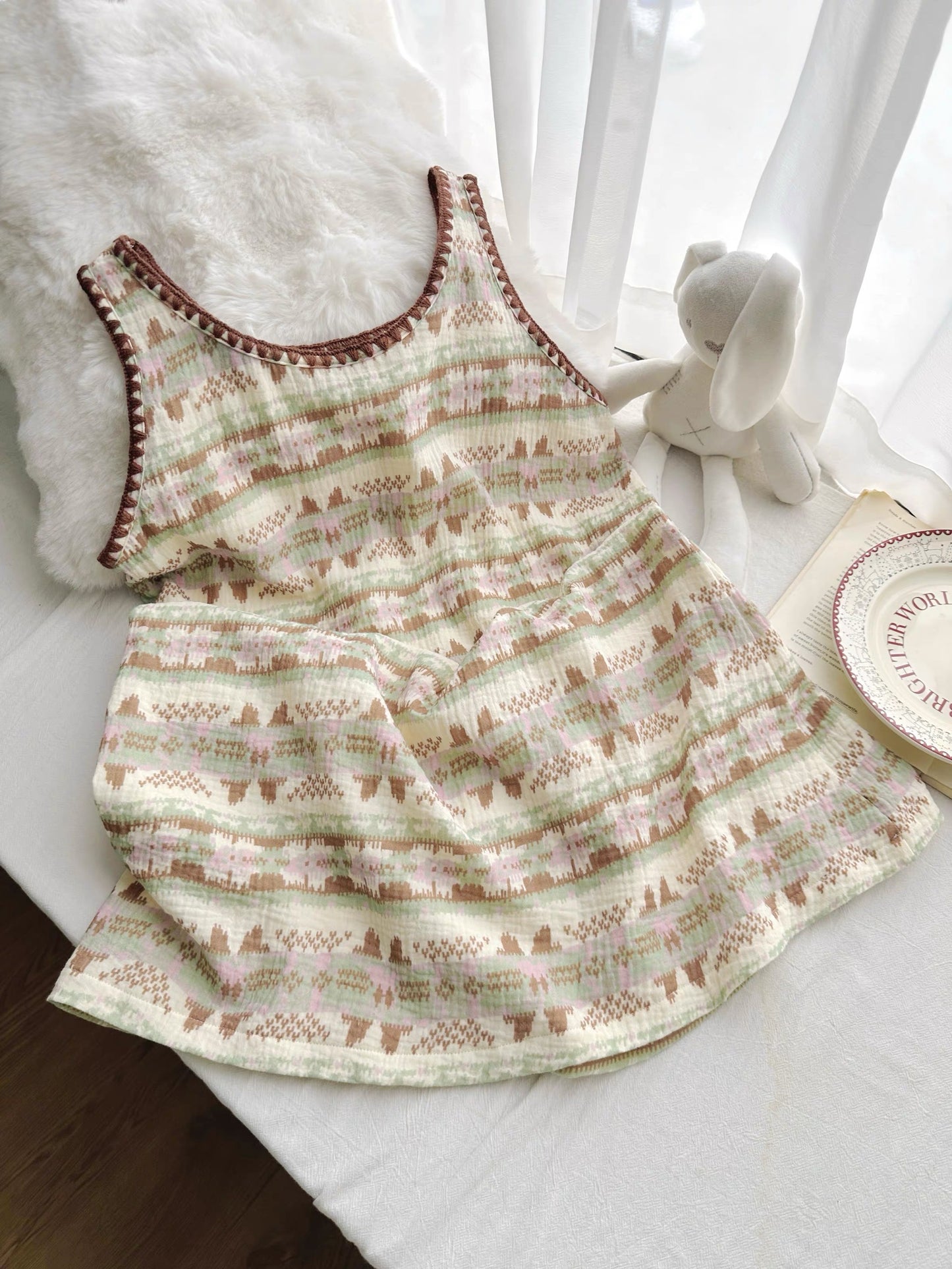 Fair Isle Print Cotton Sleeveless Nightgown & Shorts Set – Boho Lounge Sleepwear