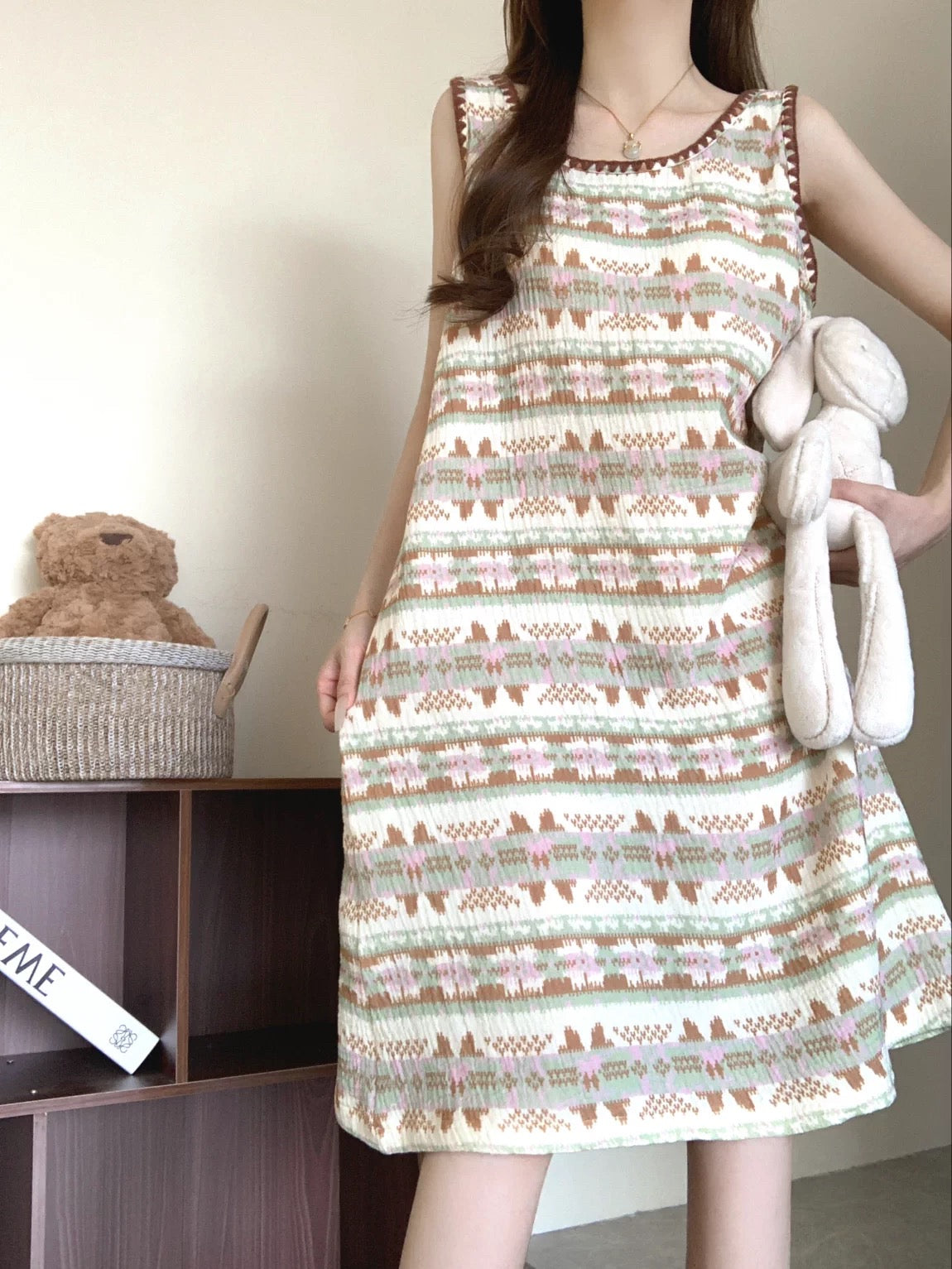 Fair Isle Print Cotton Sleeveless Nightgown & Shorts Set – Boho Lounge Sleepwear