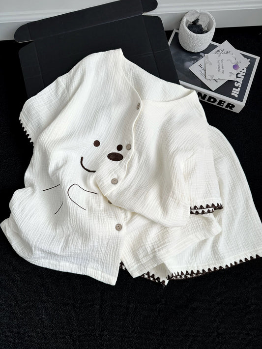 Cute Bear Face Muslin Cotton Pajama Set – Button-Down Top & Shorts in Cream