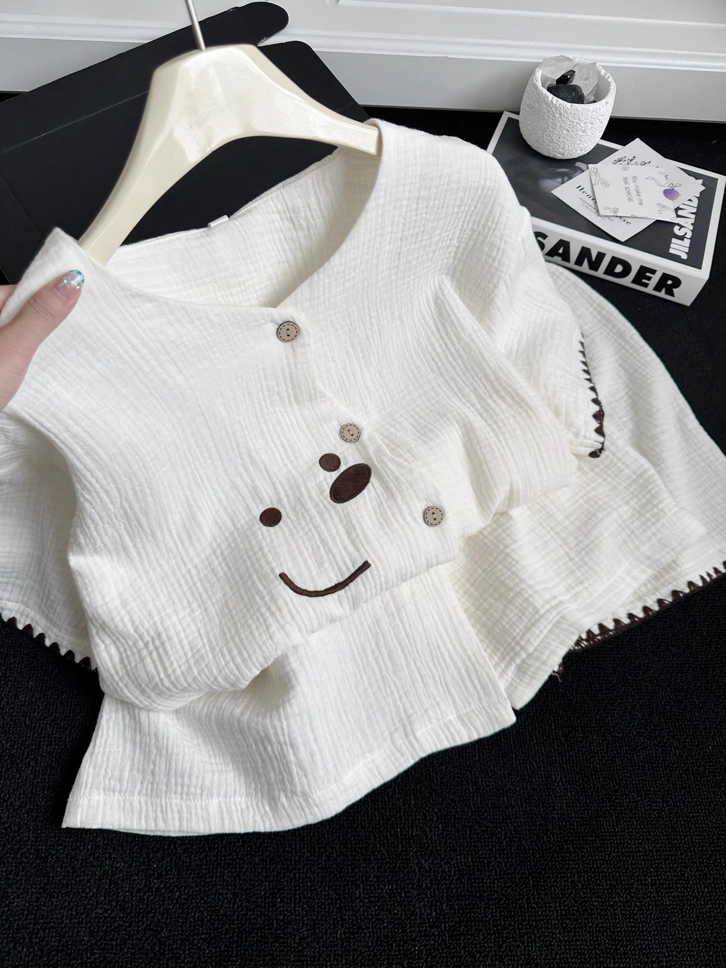 Cute Bear Face Muslin Cotton Pajama Set – Button-Down Top & Shorts in Cream