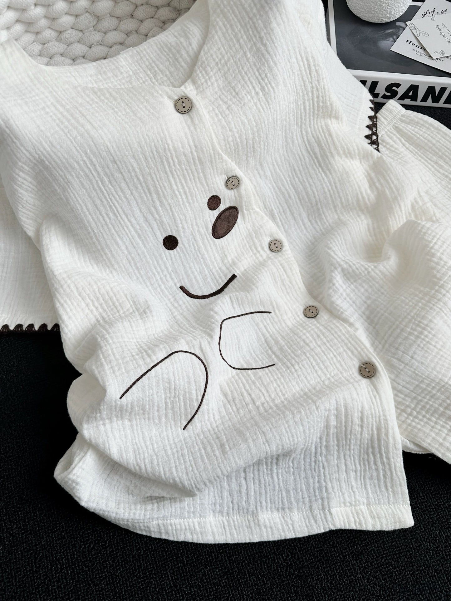 Cute Bear Face Muslin Cotton Pajama Set – Button-Down Top & Shorts in Cream