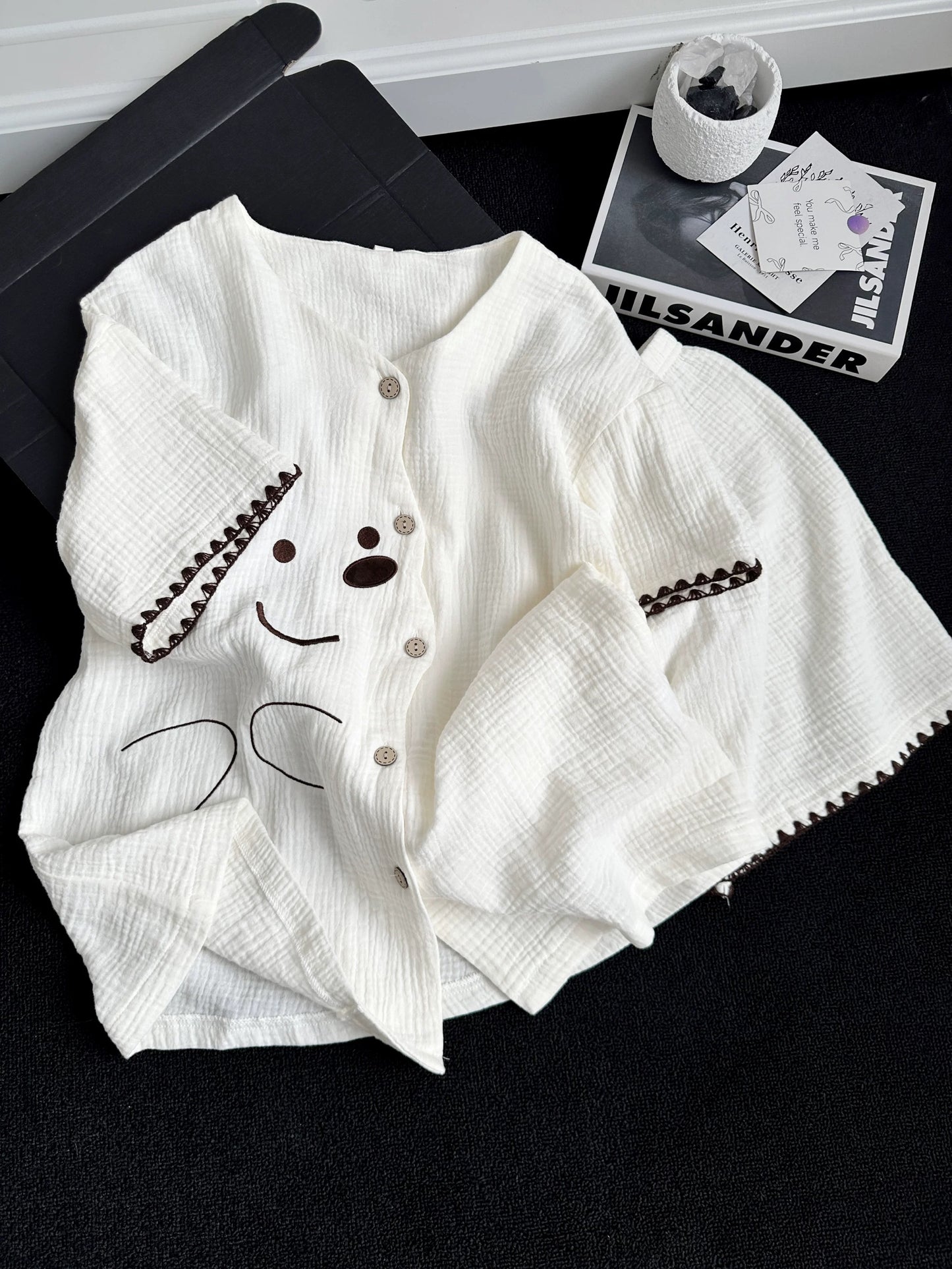 Cute Bear Face Muslin Cotton Pajama Set – Button-Down Top & Shorts in Cream