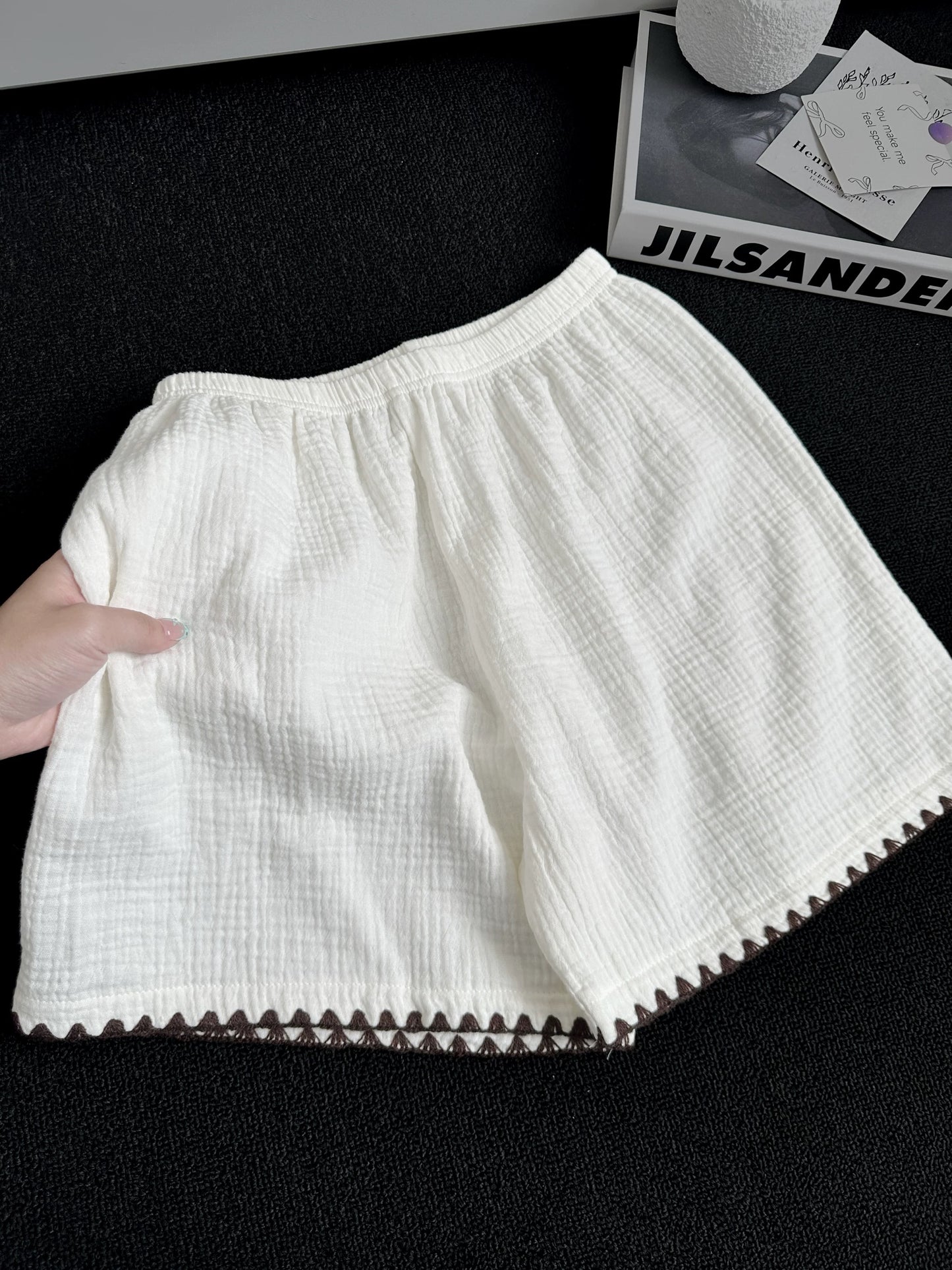 Cute Bear Face Muslin Cotton Pajama Set – Button-Down Top & Shorts in Cream