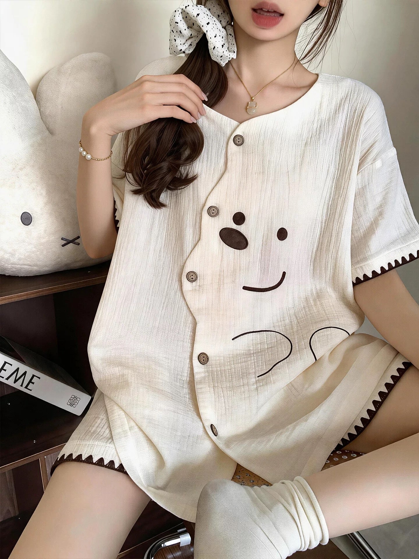 Cute Bear Face Muslin Cotton Pajama Set – Button-Down Top & Shorts in Cream