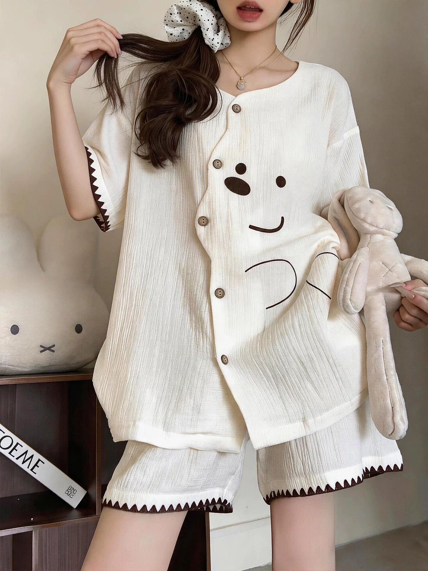 Cute Bear Face Muslin Cotton Pajama Set – Button-Down Top & Shorts in Cream