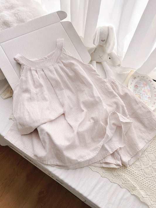 Pink Stripe Cotton Halter Neck Pajama Set – Flowy Top & Shorts Lounge Wear